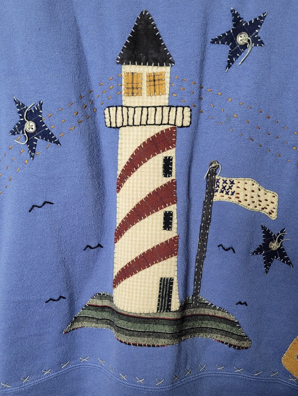 Hand-sewn Nautical Lighthouse Beachy Sweatshirt American Flag Size M - Picture 3 of 11